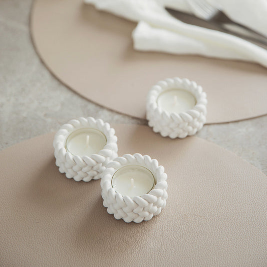 Balto gipso arbatinių žvakių indeliai 3 vnt – minimalistinis dizainas su virvės akcentu