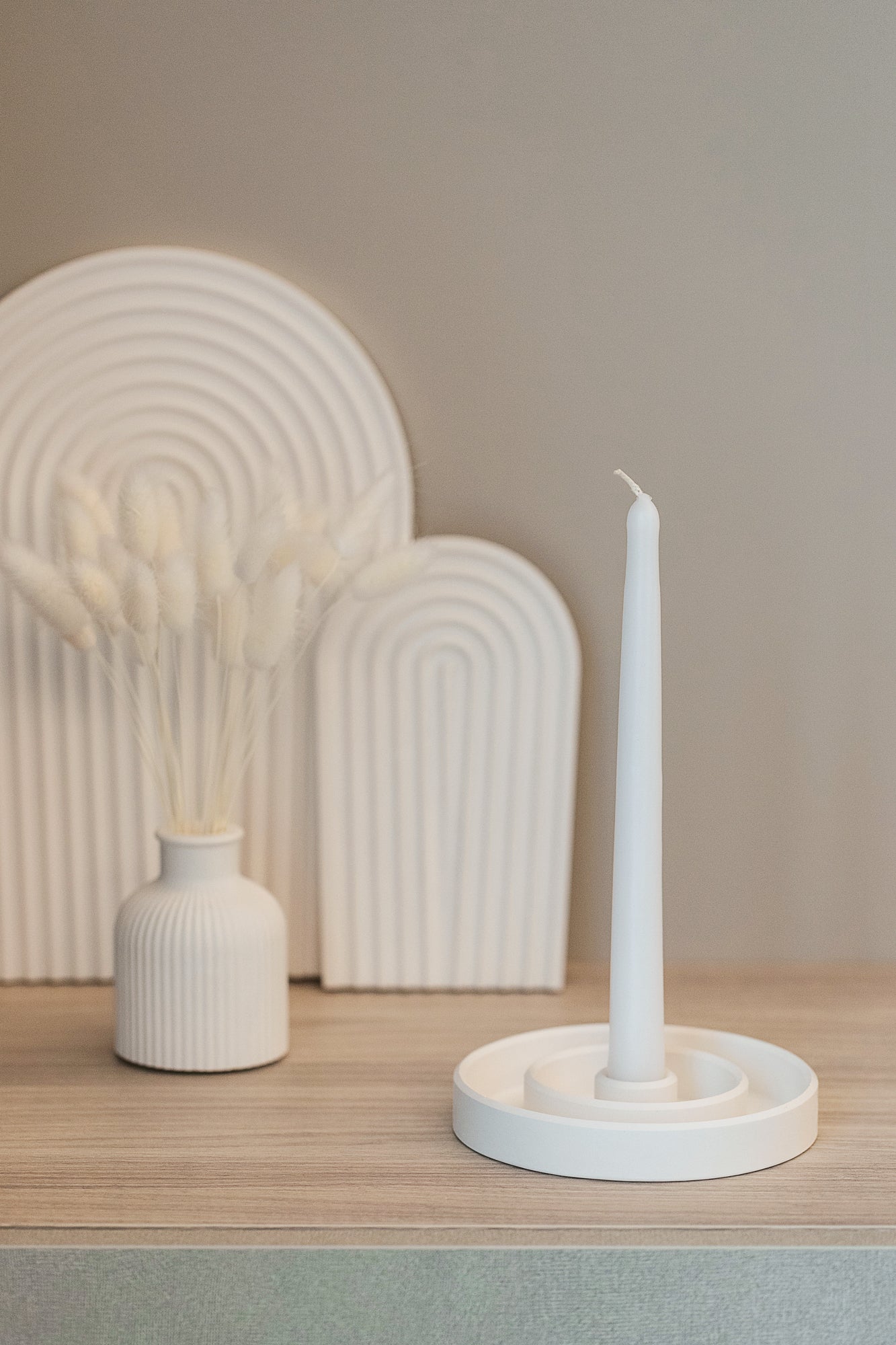 White Round Gypsum Candlestick Holder for Long Candles - Home Décor