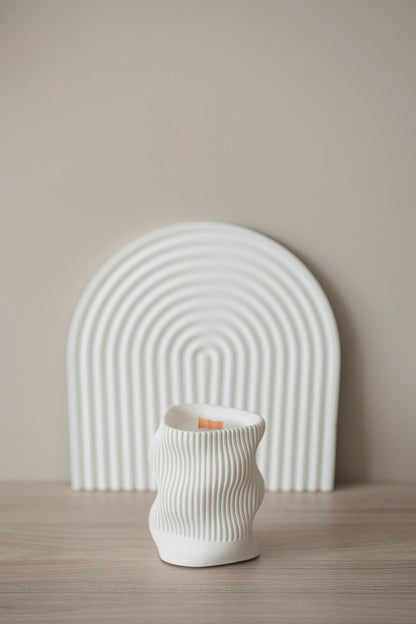 Scented Candle with Coconut Wax and Wood Wick in a Wavy Gypsum Jar