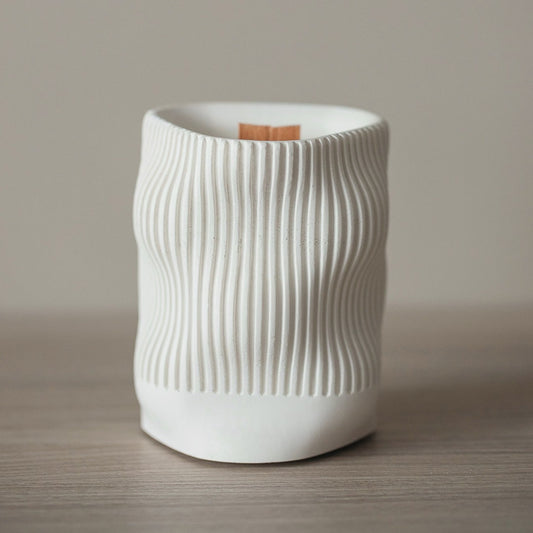Scented Candle with Coconut Wax and Wood Wick in a Wavy Gypsum Jar