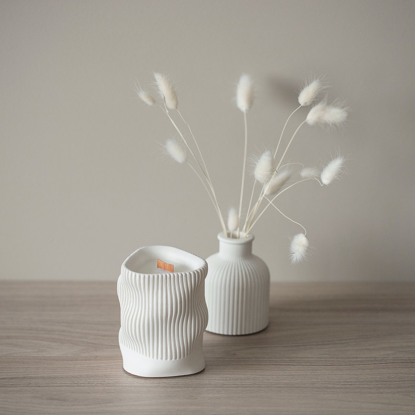 Scented Candle with Coconut Wax and Wood Wick in a Wavy Gypsum Jar