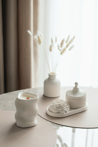 Scented Candle with Coconut Wax and Wood Wick in a Wavy Gypsum Jar