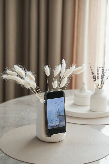 Handmade Phone Holder & Vase – 2-in-1 Pencil Stand with Photo Display | Neutral Home Decor & Gift Idea