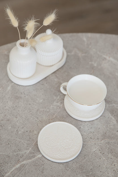 Set of 4 White Round Cup Coaster - Handmade Trays from Gypsum, Jewelry Tray, Housewarming Gift