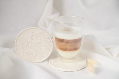 Set of 4 White Round Cup Coaster - Handmade Trays from Gypsum, Jewelry Tray, Housewarming Gift