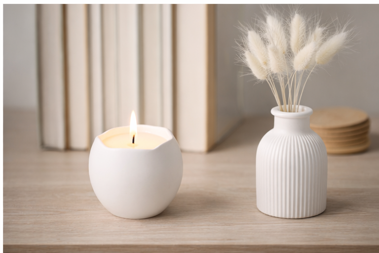 Rankų darbo žvakė gipso indelyje – kokosų vaškas, medvilninė dagtis, 14 val. degimo laikas – minimalistinė namų dekoro dovana