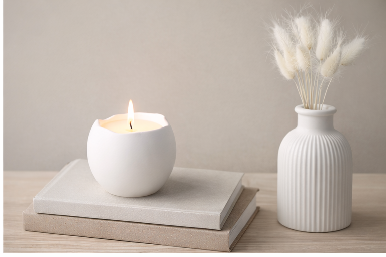 Rankų darbo žvakė gipso indelyje – kokosų vaškas, medvilninė dagtis, 14 val. degimo laikas – minimalistinė namų dekoro dovana