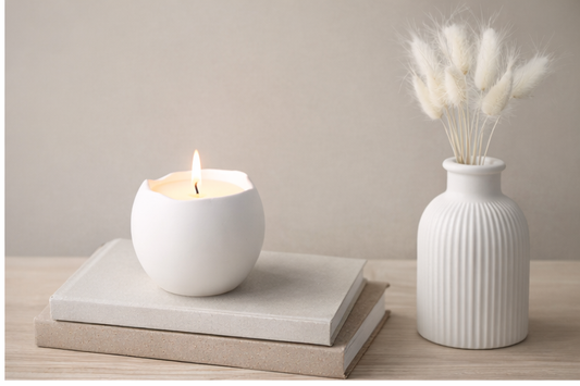 Rankų darbo žvakė gipso indelyje – kokosų vaškas, medvilninė dagtis, 14 val. degimo laikas – minimalistinė namų dekoro dovana